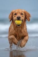 Golden retriever runs happily on the beach with a tennis ball in its mouth photo