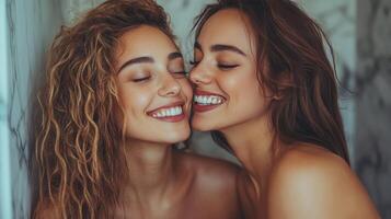 Friends enjoying a fun makeup session in a bright bathroom during the afternoon photo