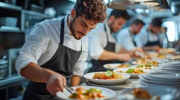 Chef preparing gourmet dishes in a busy restaurant kitchen during dinner service photo
