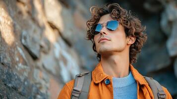 Young man exploring a sunny street in a historic city while wearing sunglasses photo