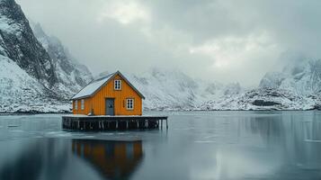 Bright orange cabin by a snow-covered lake surrounded by mountains on a cloudy day photo
