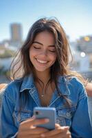 Young woman with curly hair using smartphone in colorful urban setting photo