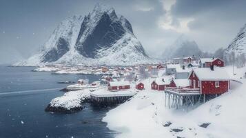 Snow-covered red houses in a serene winter landscape with mountains under a clear sky photo