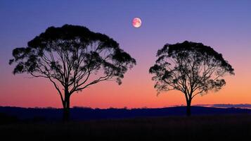 Crescent moon rises above silhouetted trees at twilight in a tranquil landscape photo