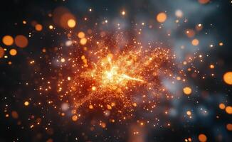 Abstract burst of orange and golden sparks against a dark background at night photo