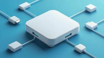 Multiple charging cables connected to a compact power hub on a blue background photo