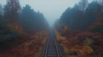 Foggy railroad track through autumn forest landscape in a rural setting photo
