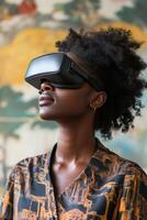 Woman using virtual reality headset in artistic indoor setting during daylight photo