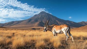 Two oryx grazing in a vast desert landscape under clear blue skies photo