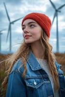 Young woman in a red beanie poses near wind turbines on a cloudy day photo