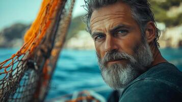Older fisherman mending net on his boat near the coastline on a sunny day photo