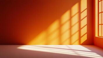 Bright orange wall with shadows and minimalistic step in modern interior photo