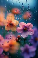 Orange flowers behind a rain-covered window in a vibrant garden photo