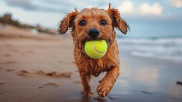 Dog running on the beach with a tennis ball during a cloudy day photo