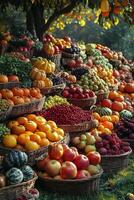 Colorful fruit and vegetable display at a farmers market during autumn photo