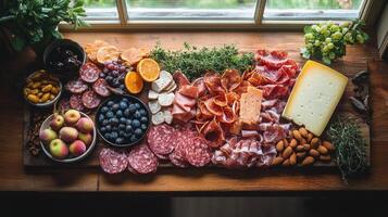 Charcuterie board featuring assorted meats, cheeses, fruits, and nuts on a wooden table photo