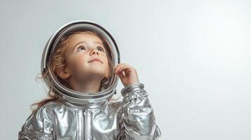 Young child wearing a shiny astronaut suit and helmet gazes upward with curiosity photo