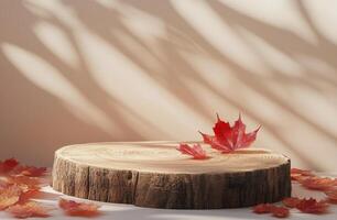 Autumn leaves resting on a wooden platform with soft shadows in natural light photo