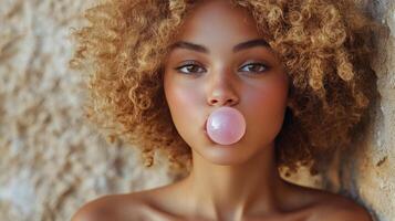 Young woman blowing pink bubblegum against a textured beige background photo