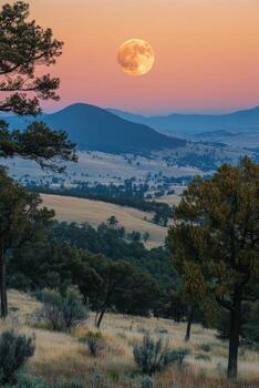 Full moon rising over rolling hills and trees at dusk in a serene landscape photo