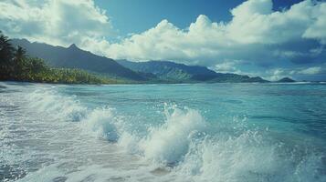 Vibrant ocean waves trail behind a boat near lush green mountains under a clear blue sky photo
