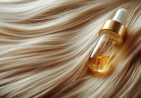 Hair oil dropper resting on soft blonde waves in a serene setting photo
