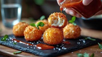 Crispy fried balls drizzled with spicy sauce on a black stone plate in a restaurant kitchen photo