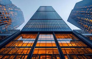 Skyscraper view at dusk with illuminated windows in a bustling urban setting photo