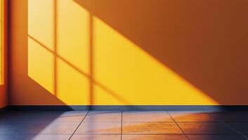 Bright orange wall with shadows and minimalistic step in modern interior photo