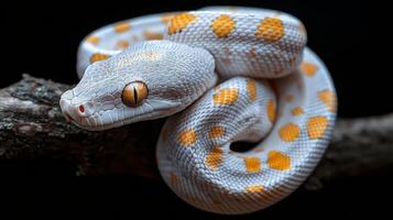White snake with orange spots resting on a branch in a dark environment photo