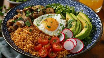 Healthy grain bowl with avocado, egg, cherry tomatoes, and mushrooms photo