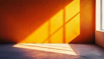 Bright orange wall with shadows and minimalistic step in modern interior photo