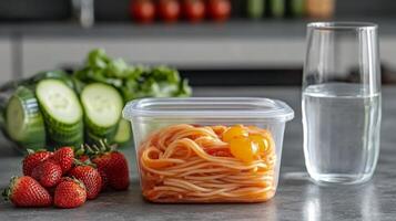 Freshly prepared spaghetti with sauce and ingredients on a kitchen countertop photo