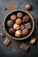Assorted chocolates in a decorative bowl on a dark kitchen countertop photo