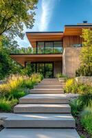 Modern architectural entrance surrounded by lush greenery in the afternoon light photo