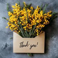 Bright yellow flowers in an envelope with a handwritten thank you note on a textured surface photo