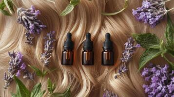 Bottles of natural oils placed on a womans hair amidst a garden of blooming flowers photo