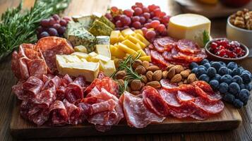 Charcuterie board featuring assorted meats, cheeses, fruits, and nuts on a wooden table photo