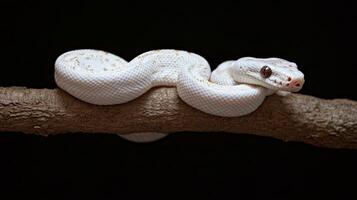 White snake with orange spots resting on a branch in a dark environment photo