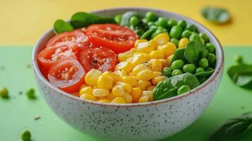 Fresh spinach salad with tomatoes, corn, and peas on a green background photo