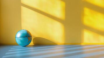 Globe on striped surface with yellow background photo