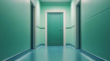 A long hallway with teal walls and a green door in an apartment building photo
