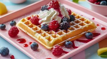 Delicious waffle topped with fresh raspberries, blueberries, and whipped cream on pastel plate photo