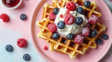 Delicious waffle topped with fresh raspberries, blueberries, and whipped cream on pastel plate photo