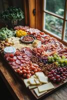 Gourmet charcuterie board with meats, cheeses, and fruits by a sunlit window photo