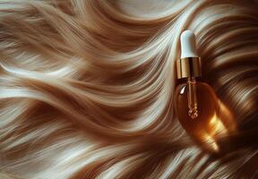 Hair oil dropper resting on soft blonde waves in a serene setting photo