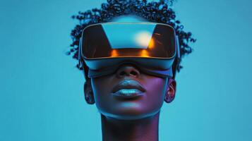 Young person using virtual reality headset indoors during winter season photo