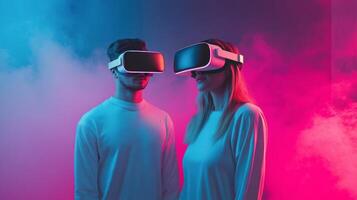 Young women in virtual reality headsets interact under neon lights at a modern event space photo