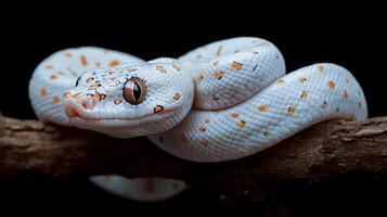 White snake with orange spots resting on a branch in a dark environment photo