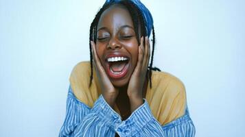 Woman expressing joy and relaxation indoors during a social gathering photo
